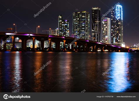 Miami skyline panorama with urban skyscrapers. Miami night. Stock Photo ...