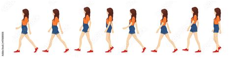 Side view of young beautiful brunette woman walk cycle for animation ...