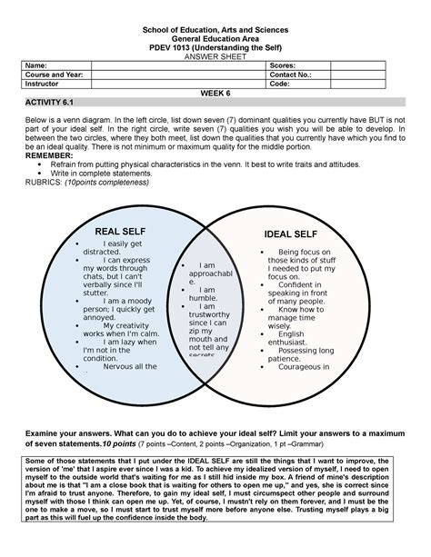 PDEV 1013 Module 3 Worksheet REAL SLEF IDEAL SELF - School of Education, Arts and Sciences ...