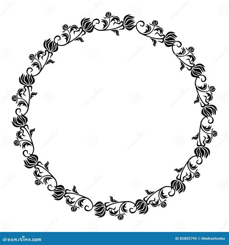 Black and White Round Frame with Flowers Silhouettes. Stock Photo - Image of designs, floral ...