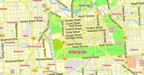 Adelaide PDF Map, Australia, exact vector street map, V27.11, fully ...