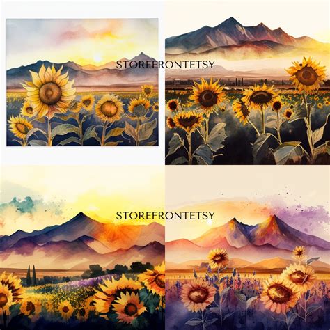 20 WATERCOLOR SUNFLOWER FIELD Clipart Sun Rise Sunset Mountains ...