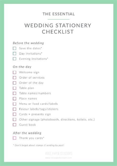 Wedding Stationery Checklist printable pdf download