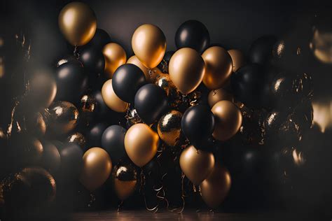 Room full of black and golden balloons, 3D gold and black balloon background for greeting or ...