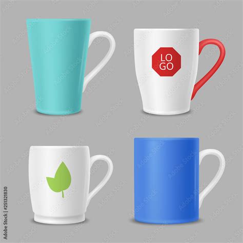 Mockup mugs. Business identity office cups with logos colored vector ...