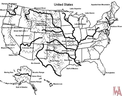 Blank outline map of the USA with major rivers and mountain ...