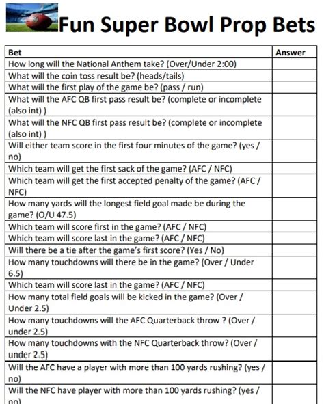 Fun Super Bowl Prop Bets Printable - Printerfriendly