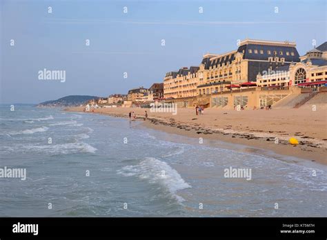 France, Calvados, Cabourg, Beach in front of the Grand Hotel Stock ...