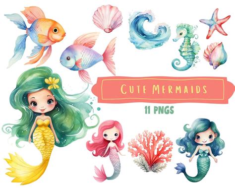 Watercolor Mermaid Clip Art, Cute Mermaid Clipart, Ocean Clip Art ...