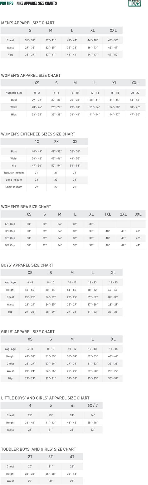 Nike® Apparel Size Charts