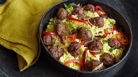 Saffron Rice Pilaf with Lamb Meatballs, Red Peppers and Dates Recipe