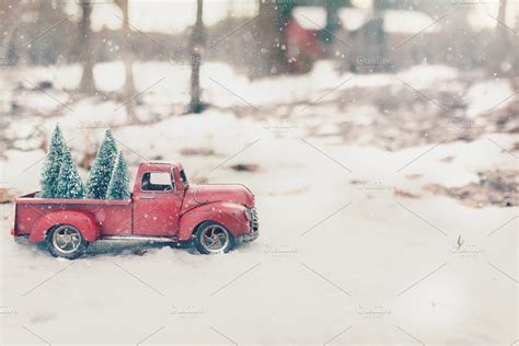 01 Vintage Red Truck Christmas Tree | High-Quality Holiday Stock Photos ...