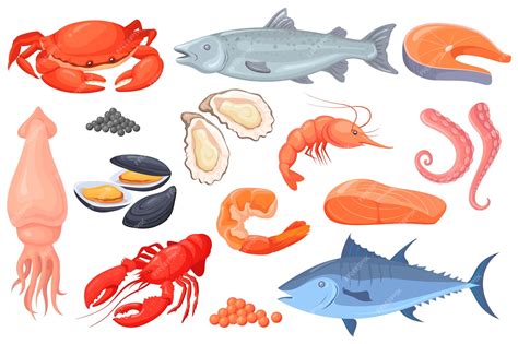 Premium Vector | Cartoon raw seafood sea fish gourmet food crayfish squid shrimp salmon crab ...