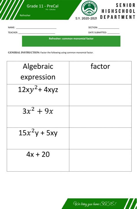 Common Monomial Factoring Worksheet - CommonWorksheets.com