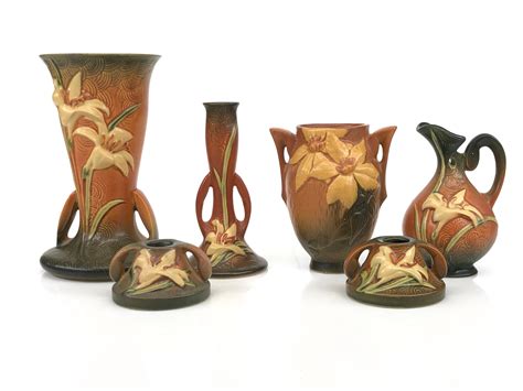 Lot - 6pc Roseville Pottery Zephyr Lily Pattern vases