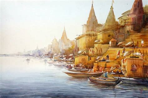 Varanasi Ghats at Morning - Watercolor on paper Painting by Samiran ...