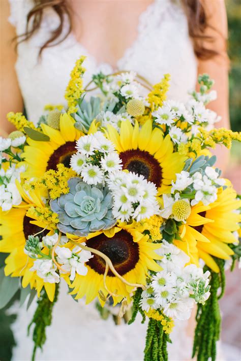 Bright Sunflowers, Succulent and Daisy Bouquet | Wedding flowers summer, Yellow wedding flowers ...