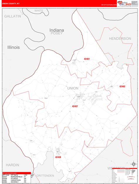 Union County, KY Zip Code Wall Map Red Line Style by MarketMAPS - MapSales.com