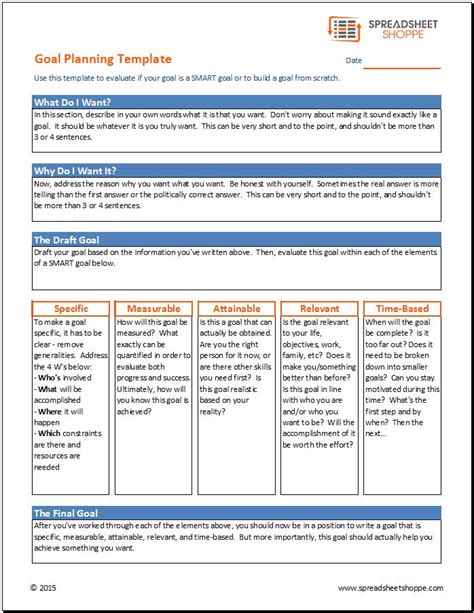 Free Goal Planning Template - Spreadsheetshoppe