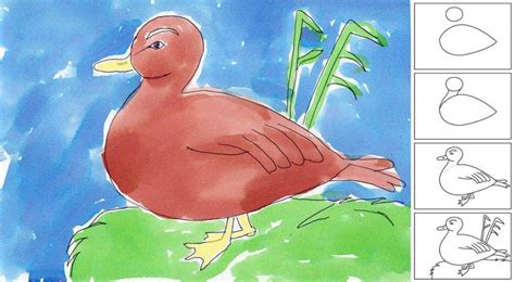 a drawing of a duck sitting on top of a green plant