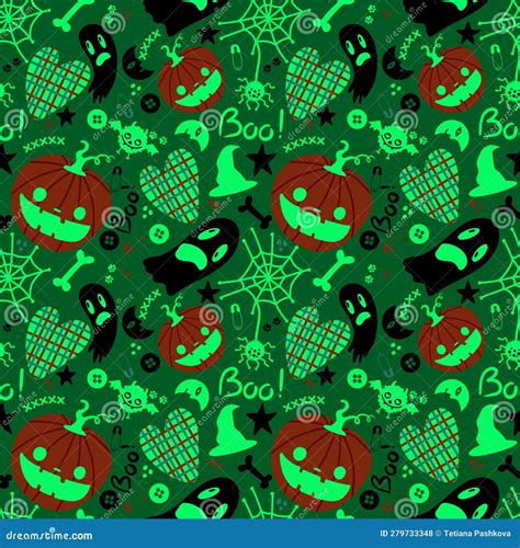 Halloween Cartoon Pumpkins Seamless Ghost and Moon and Bats and Spider and Witch Hat Pattern for ...