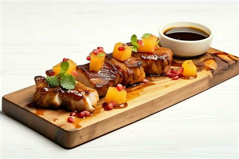 Pork belly braaivleis with mango and chili sauce served on a wooden plank. Restaurant food ...