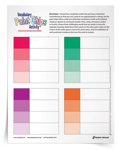 Building Vocabulary Skills with a Paint Chips Printable Worksheet, Grades 3–12