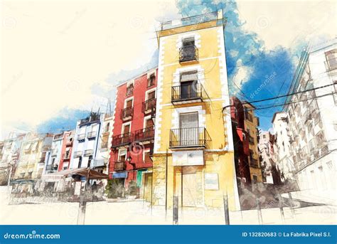 Colorful Village Street Painting Stock Illustration - Illustration of ...