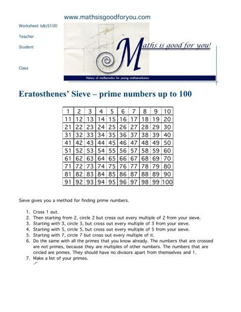 Eratosthenes' Sieve – prime numbers up to 100 - Maths is Good for ...