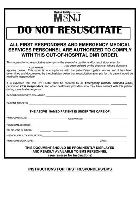 Out-Of-Hospital Do Not Resuscitate Form printable pdf download