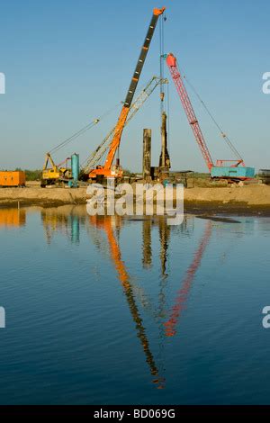 Cranes Building a Bridge on the Amu Darya or Oxus River near Urgench in Uzbekistan Stock Photo ...