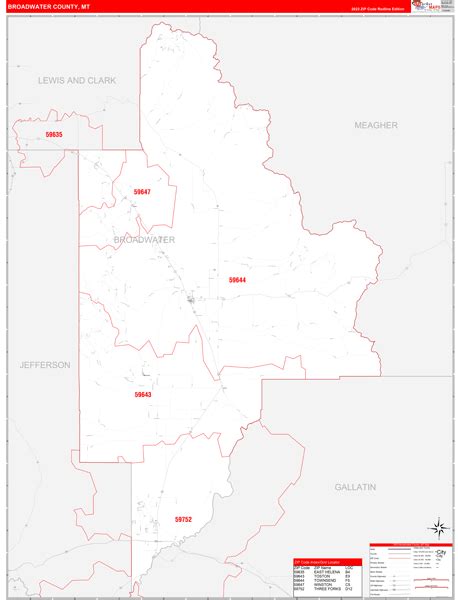 Broadwater County, MT Zip Code Wall Map Red Line Style by MarketMAPS - MapSales