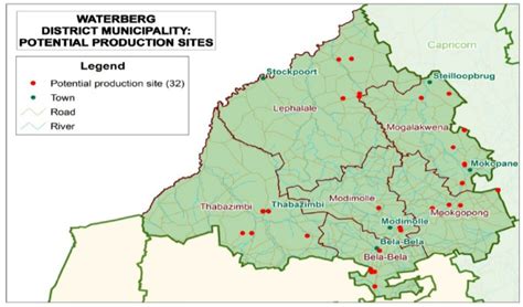 Map of Waterberg District indicating selected potential production ...