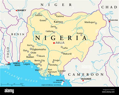 Nigeria Political Map with capital Abuja, national borders, most important cities, rivers and ...