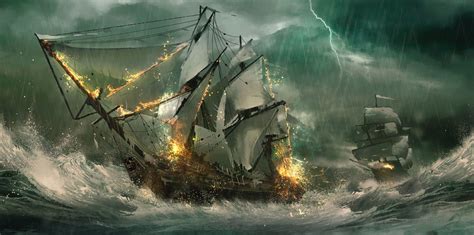 Download Fire Ocean Wave Rain Lightning Storm Fantasy Ship HD Wallpaper