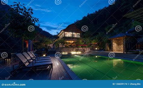 Swimming Pool of Resort Hotel in Night Stock Photo - Image of night ...