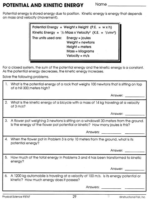 Potential Kinetic Energy Worksheet Pdf