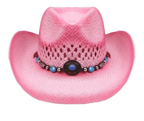 PINK Tea Stain Straw COWBOY HAT w/ Turquoise Blue Beads WOMEN WESTERN ...