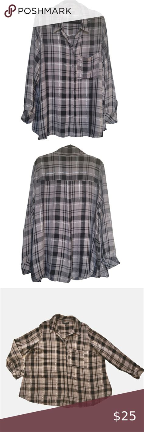 Lane Bryant Plaid Button-Down Shirt Long Sleeve Gray Black Metallic Size 22/24 | Long sleeve ...