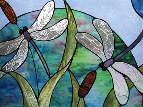 Stained Glass Double Dragonfly and Cattail Panel. | Dragonfly stained glass, Tiffany stained ...