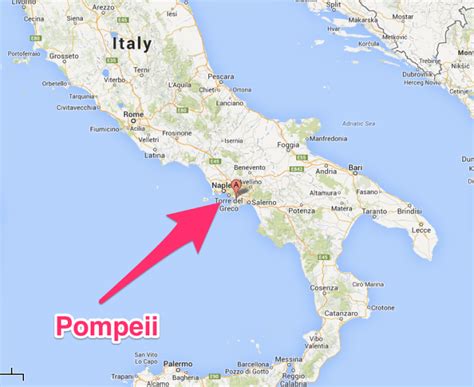 the location of pompeii in italy on a map with red arrow pointing to it