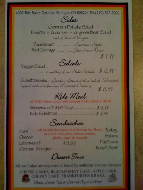 Menu at Schnitzel Fritz restaurant, Colorado Springs, Tutt Blvd