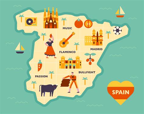 Composition of cultural icons on the Spanish map. 1850915 Vector Art at Vecteezy