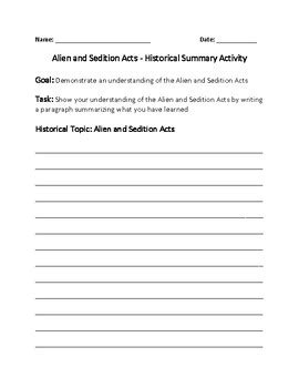 Alien and Sedition Acts - Historical Summary Activity by Jwood Education