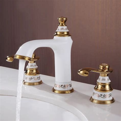 Free shipping white & gold 8" WIDESPREAD LAVATORY BATHROOM SINK FAUCET 3 holes Bath Sink Faucet ...