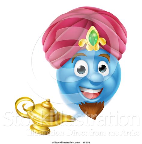 Vector Illustration of a Blue Smiley Emoji Emoticon Genie Emerging from a Lamp by ...