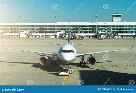 TUG Pushback Tractor with Aircraft. Stock Photo - Image of airplane ...