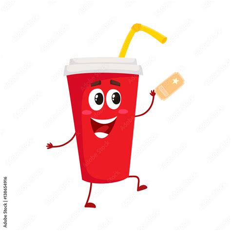 Cute and funny soda drink character in red paper cup with smiling human face, cartoon vector ...