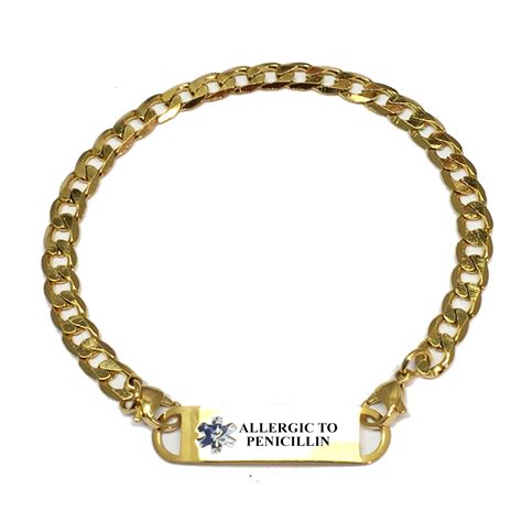 Pre-engraved “ALLERGIC TO PENICILLIN” gold plated curb link medical alert bracelet. Choose From ...