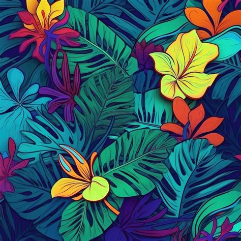 Premium AI Image | flowers tropic pattern in neon colors